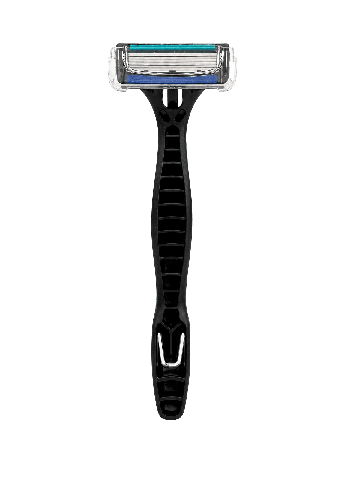 Front view of a black GOODMAX razor with six blades, green and blue lubricating strips, and a ribbed handle on a white background.