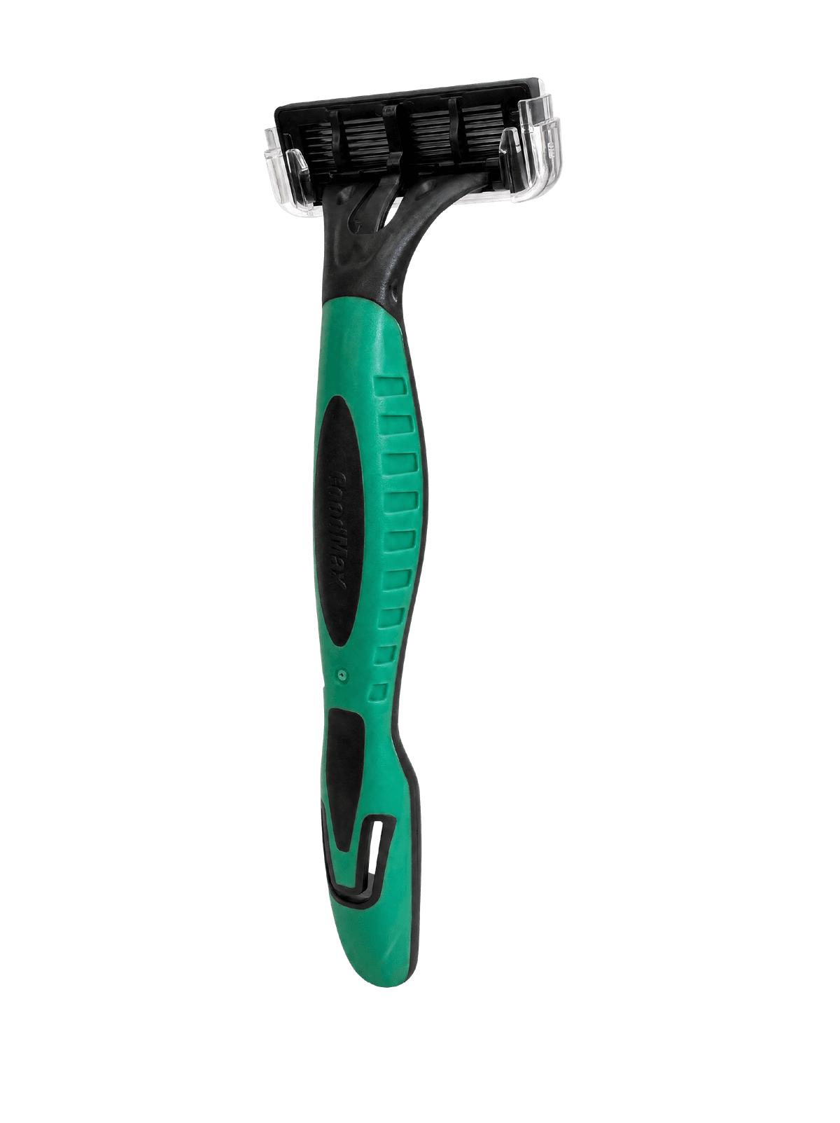 GOODMAX disposable razor with a curved green and black handle and a clear plastic blade cover shown on a white background.