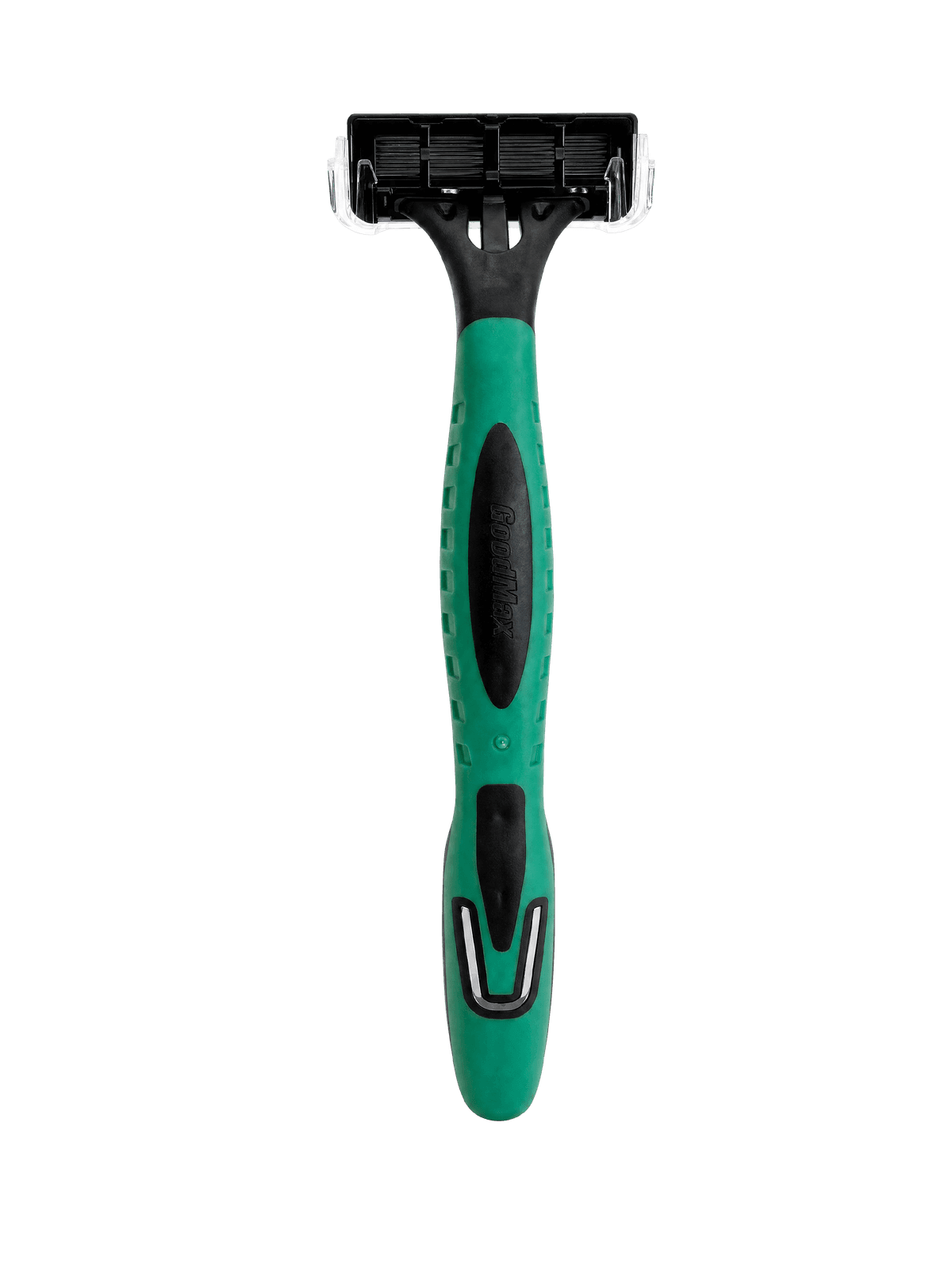 Front view of a GOODMAX disposable razor with a green and black textured handle and a black razor head with a clear plastic guard.